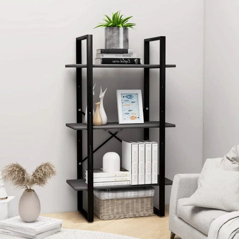 Three Tier Industrial Grey Storage Shelf Engineered Wood Freestanding Bookcase For Living Room And Basement with decor items