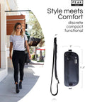 Woman walking with Travel Money Belt With RFID Blocking Wallet, Slim Ultra Comfy Security Belt For Credit Cards, Passports And Documents, Theft Protection With Two Recovery Tags, beige travel accessory for men and women.