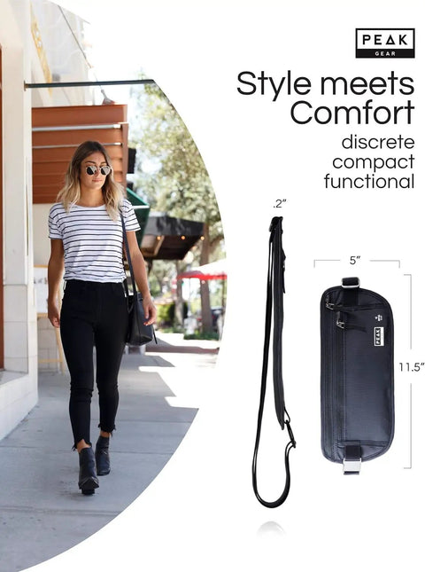 Woman walking with Travel Money Belt With RFID Blocking Wallet, Slim Ultra Comfy Security Belt For Credit Cards, Passports And Documents, Theft Protection With Two Recovery Tags, beige travel accessory for men and women.