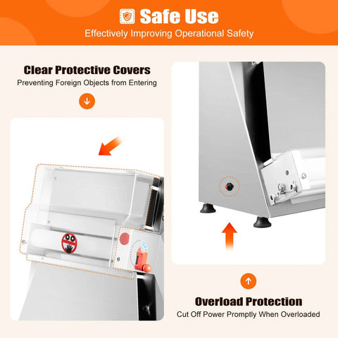 Pro Level Automatic Pizza Dough Press Expanding Four To Sixteen Inches driven by a serious 370W motor showing protective covers and overload features.
