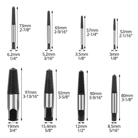 Eight Piece Water Pipe Screw Extractor Set For Damaged Screws And Bolts Alloy Steel Construction Rustproof And Heat Treated Pro Grade Plumbing Kit With Sizes One Through Eight
