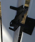 Self Locking Gate Latch Heavy Duty Post Mount Automatic Gravity Lever Fence Lock for Wood or PVC Gates Includes Fasteners, Durable Black Steel Security for Pool and Yard Garden, 2 Pack on white PVC gate