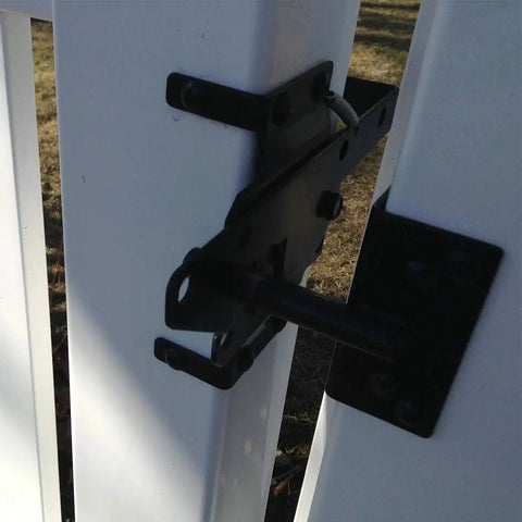 Self Locking Gate Latch Heavy Duty Post Mount Automatic Gravity Lever Fence Lock for Wood or PVC Gates Includes Fasteners, Durable Black Steel Security for Pool and Yard Garden, 2 Pack on white PVC gate