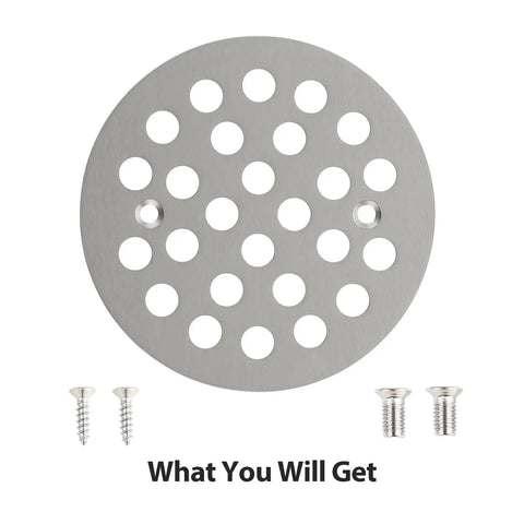 Top Shelf 4.25 Inch Round Shower Drain Cover Forged From Heavy Duty 304 Stainless Steel with screws included.