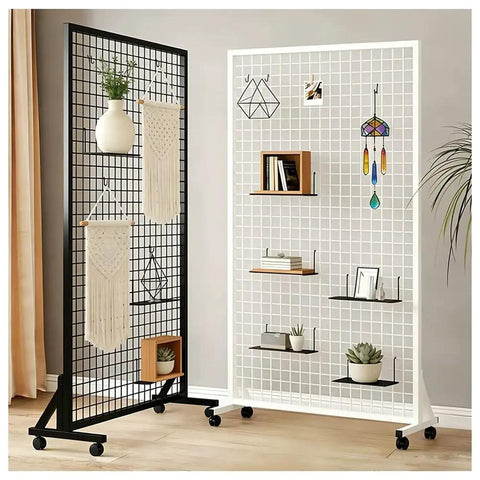 Floor Standing Gridwall Display Rack On Wheels With Hooks And T Base Heavy Duty Rolling Metal Grid Wall Panel in black and white