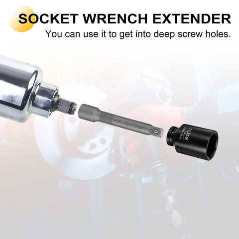 Heavy Duty 1/2 Inch Drive Deep Impact Socket Set Featuring a Massive 19mm Metric Size With A Long 5 Inch Extension Bar And Ratchet Wrench For Tightening Heavy Hex Bolts And Nuts Smoothly, socket extender for deep screw holes