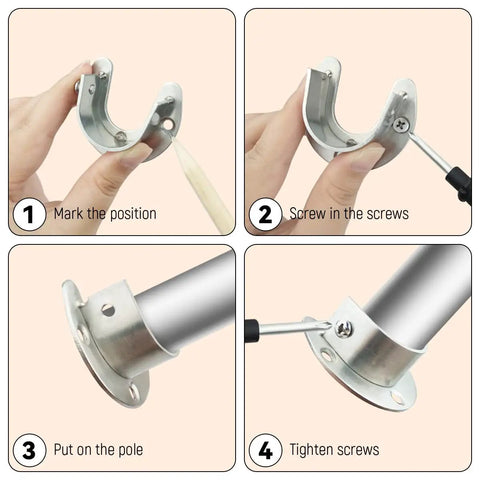 Set Of 4 Heavy Duty Stainless Steel Wardrobe Brackets U Shaped Rod Sockets Flange 1-1/4 Inch Diameter End Supports For Closet Rods With Screws And Mounting Hardware installed on closet rod