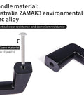 Six Inch Black Cabinet Pulls Set showing screw installation close-up, materials include ZAMAK3 zinc alloy and stainless steel screws.