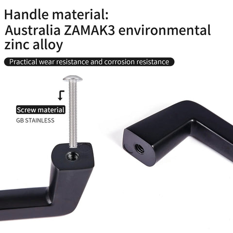 Six Inch Black Cabinet Pulls Set showing screw installation close-up, materials include ZAMAK3 zinc alloy and stainless steel screws.