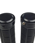 Comfy Rubber Bike Handlebar Grips With Aluminum Alloy Core And Plastic End Caps For MTB BMX And More, 128mm Long, 22.2mm Diameter, Non Slip, Double Lock Quick Install, Soft Cushioned Feel, showing close view of plastic end caps.