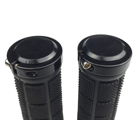 Comfy Rubber Bike Handlebar Grips With Aluminum Alloy Core And Plastic End Caps For MTB BMX And More, 128mm Long, 22.2mm Diameter, Non Slip, Double Lock Quick Install, Soft Cushioned Feel, showing close view of plastic end caps.