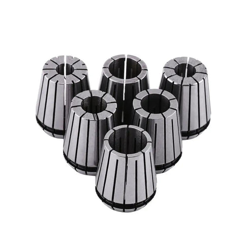 Rock Solid High Precision ER32 Spring Collet Set 6 Pcs For CNC Milling And Lathe Tools With Zero Slippage Grip In Aluminum Routing Engraving Workholding Using Tough 65Mn Steel, six collets arranged in a circular formation.