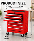 Hella Solid Rolling Tool Chest With Seven Ball Bearing Drawers That Glide Like Butter Plus Lockable Heavy Duty Steel Frame Designed For Garage Auto Shop Or Warehouse Storage In Red, displayed with dimensions.