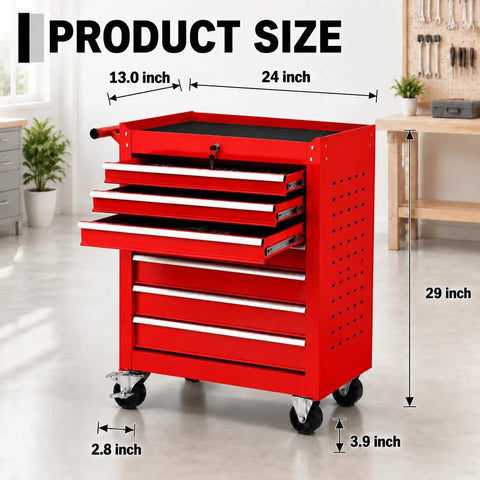 Hella Solid Rolling Tool Chest With Seven Ball Bearing Drawers That Glide Like Butter Plus Lockable Heavy Duty Steel Frame Designed For Garage Auto Shop Or Warehouse Storage In Red, displayed with dimensions.