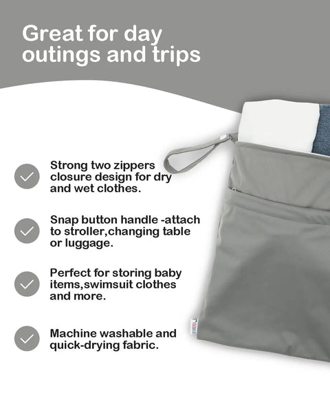 Waterproof Wet Dry Bag Set For Cloth Diapers And Swimwear with zippered pockets, handle, and features listed on side