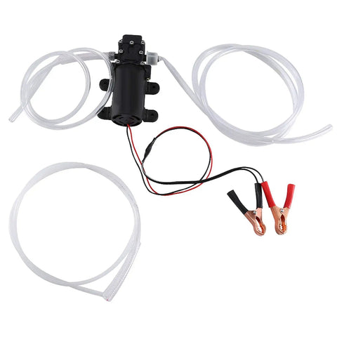 Heavy Duty 12V Auto Car Oil Extraction Pump Kit For Quick Mess Free Fluid Siphon Transfer Scavenge With Efficient Motor And Easy Clean Design, components view with hoses and clips.