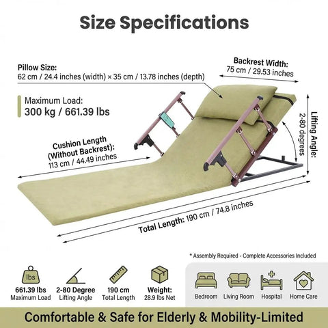 Size specifications of Sturdy Electric Lifting Bed Backrest With Adjustable Angle For Seniors And Patients, 661 Pounds max load.