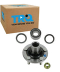 Front Passenger Side Wheel Bearing And Hub Kit For Subaru Baja 2003 To 2006, Forester 1999 To 2008, Impreza 1993 To 2007, Legacy 1990 To 2004, And Outback 2000 To 2004 Includes Front Inner Seal Front Outer Seal Front Hub And Wheel Bearing shown with box and components.