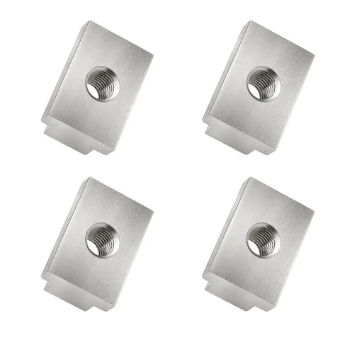 Heavy Duty T Slot Nuts And Button Socket Cap Screws For Toyota Tundra Tacoma Pickup Truck Bed Deck Rails Cleats Rack And Bike Mount Rock Solid Hella Durable 8 Pack Silver Finish - four steel t slot nuts displayed at an angle.