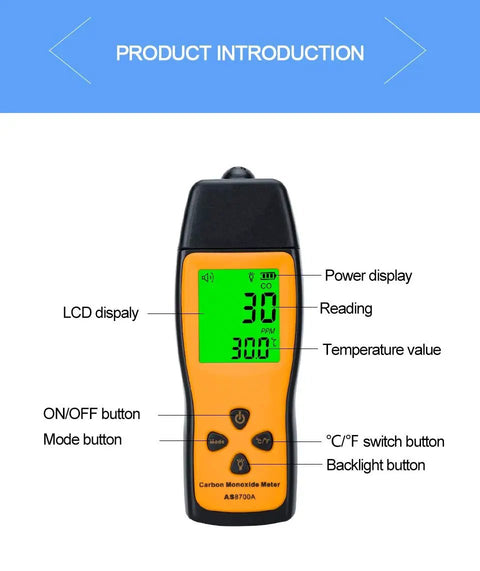 Portable Carbon Monoxide Detector with Backlit LCD and labeled features, pro-grade accuracy, UL 2034 compliant, for home and travel use.