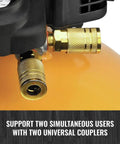 Close-up of Garage Ready 0.8 HP 6 Gallon Oil Free Pancake Air Compressor couplers for two users