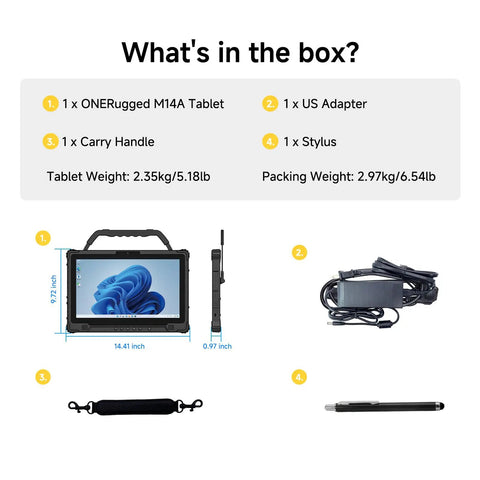 Badass Windows Rugged Tablet 14 Inch FHD 1000 Nits Sunlight Display 5G LTE Intel Core I5 16GB RAM 256G SSD IP65 Weatherproof accessories and specs.