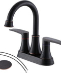 Lead Free Two Handle Oil Rubbed Bronze Bathroom Sink Faucet With 360 Degree Swivel High Arc Spout Four Inch Centerset Lavatory Vanity Set Includes Drain And Water Hoses For Easy 15 Minute Install