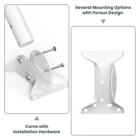 Heavy Duty Universal J Pole Antenna Mount Two Pack With 150 Degree Swivel Arm showing mounting hardware and porous design.