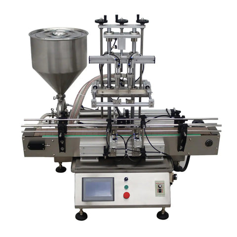 Heavy Duty Automatic Paste Filling Machine With Integrated Conveyor Belt And Dual Piston Nozzles 50L Hopper side view with control panel