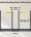 Available mounting holes and VESA patterns for Totally Locks In Soundbar Mount And TV Bracket, max 800mm, heavy duty design.