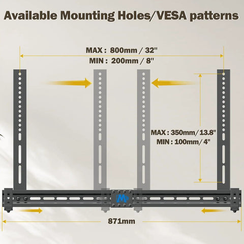 Available mounting holes and VESA patterns for Totally Locks In Soundbar Mount And TV Bracket, max 800mm, heavy duty design.