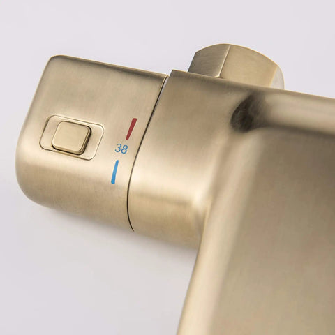 Slick Brushed Gold Thermostatic Shower System With Stable Flow Rainfall Head Wall Mounted Bathroom Faucet Set showing control valve detail.