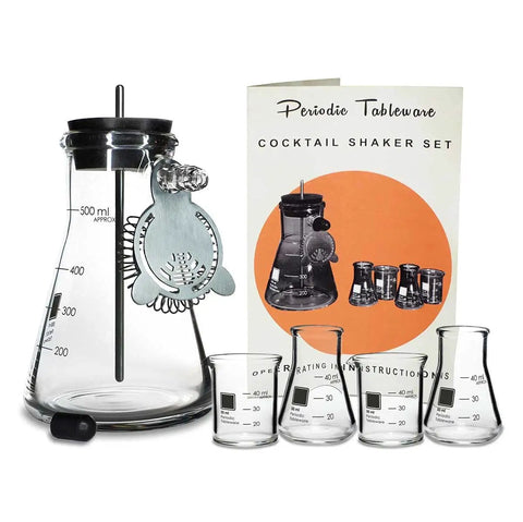 Lab Style Cocktail Shaker Set With Borosilicate Beakers And Flasks Kiln Fired Enamel Gradations Includes 2 Beakers And 2 Flask Shot Glasses Strain Or Pour With Science Flair Vintage Manual Included