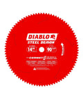 Steel Demon Cermet II Thin Metal Saw Blade, 14 Inch Diameter, 90 TCG Teeth, red blade with brand logo and specifications.