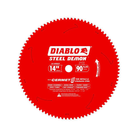 Steel Demon Cermet II Thin Metal Saw Blade, 14 Inch Diameter, 90 TCG Teeth, red blade with brand logo and specifications.