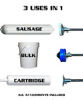 620AL Blue Round Rod Caulk Gun With Aluminum Barrel Eighteen To One Thrust Ratio For Smooth Precise Application shown with attachments for sausage, bulk, and cartridge use