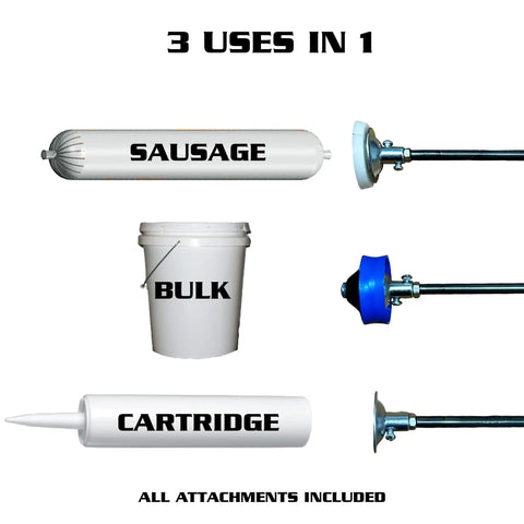 620AL Blue Round Rod Caulk Gun With Aluminum Barrel Eighteen To One Thrust Ratio For Smooth Precise Application shown with attachments for sausage, bulk, and cartridge use
