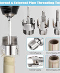 All In One PVC Pipe Threader Kit For One Half Inch Three Quarter Inch And One Inch Pipes Evponk Internal And External Threading Tool Set For Electric Drill Tapping And Rethreading System Three Piece Fast And Easy shown with threading attachments and diagrams