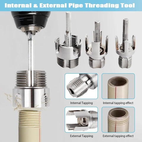All In One PVC Pipe Threader Kit For One Half Inch Three Quarter Inch And One Inch Pipes Evponk Internal And External Threading Tool Set For Electric Drill Tapping And Rethreading System Three Piece Fast And Easy shown with threading attachments and diagrams