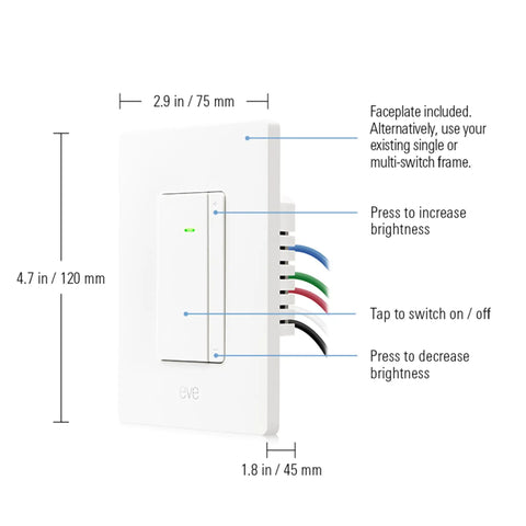 No Fuss Matter Smart Dimmer Switch 2 Pack, Single Pole Wall Controller, showing size and wiring details for installation.