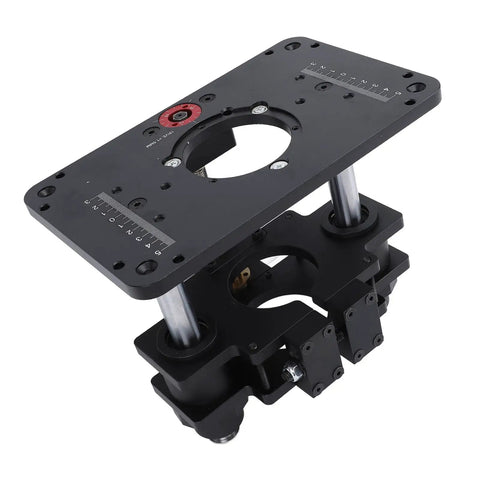 Top Shelf Router Lift System With Slick Quick Turn Crank And Clear Scale For Bulletproof Workshop Jobs Crafted From Solid Aluminum Alloy Base.