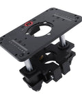 Knockout Router Lifting System For Three And One Half Inch Motor With Smooth Turn Crank And Heavy Duty Steel Plate Hella Solid Woodworking Table Lift Custom Built With Insert Rings And Fast Install Clamp, top view of adjustable router lift.