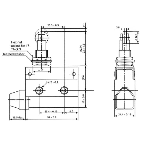 Technical drawing of Horizontal Limit Switch TZ-7311 With Momentary Parallel Roller Plunger Actuator 380V AC 10A Single Pole IP54