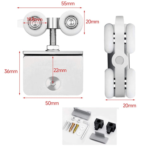 Components of Frameless Sliding Glass Door Track Ceiling Mount Rail Hardware Kit in Aluminum, showing rollers and fittings.