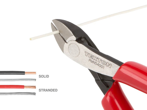 Close-up of diagonal cutting pliers slicing wire from Six-Piece Tiny But Mighty Mini Pliers Set For Precision Work including wire examples