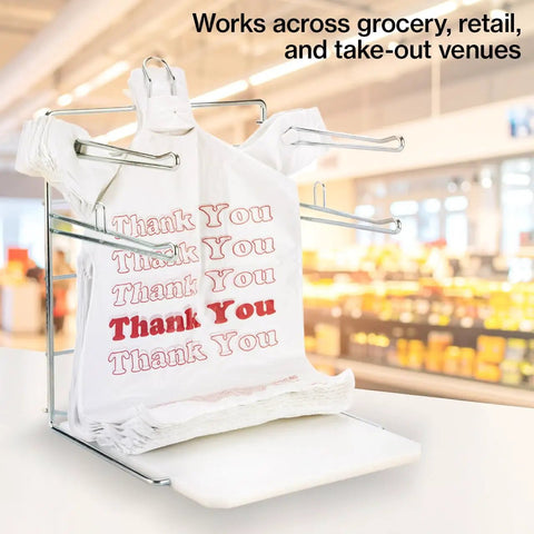 White Thank You Bags Case Of 1000, 11.5 By 6 By 21 Inches, 0.48 Mil HDPE Plastic displayed on a rack in a store setting.