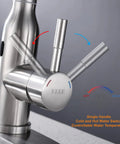 Touchless Kitchen Faucet With Motion Sensor Hands Free Operation Single Handle Pull Down Sprayer Brushed Nickel Finish High Arc Design Sleek Slick Install Water Saving Upgrade For Modern Kitchens, showing single handle cold and hot water switch.