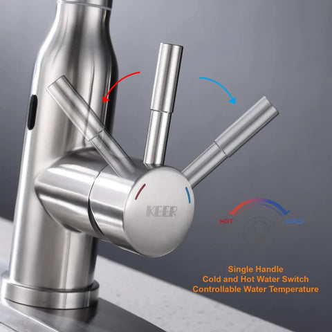 Touchless Kitchen Faucet With Motion Sensor Hands Free Operation Single Handle Pull Down Sprayer Brushed Nickel Finish High Arc Design Sleek Slick Install Water Saving Upgrade For Modern Kitchens, showing single handle cold and hot water switch.