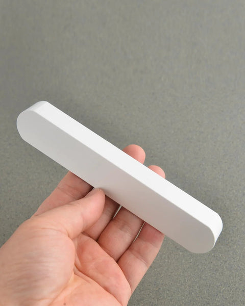 Hand holding one piece from 5 Pack Matte White Cabinet Handles For Kitchen Cabinets And Furniture Modern Drawer Pulls Center To Center Five Inches Length Five Point Nine Inches Width About One Inch Ideal For Kitchen Cabinets Bathroom Vanities Dressers And Closets
