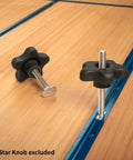 Two 1/4-20 T-track bolts with 5-star knobs on a woodworking surface, part of One Quarter Inch Twenty T Track Bolts Set Twenty Pack Two Point Five Inch Long T Slot Bolts For Universal T Track Pro Grade T Track Accessories For Woodworking Jigs And Fixtures Easy Tightening And Secure Fit For DIY Shop Projects